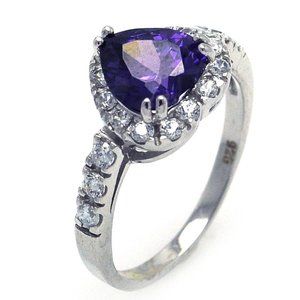 Sterling Silver 925 Rhodium Plated Purple and Clear Cluster CZ Heart Ring